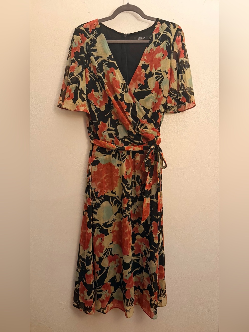 Ralph Lauren Fall Dress, Black Floral Midi Wrap Dress with Fall Colors size 14